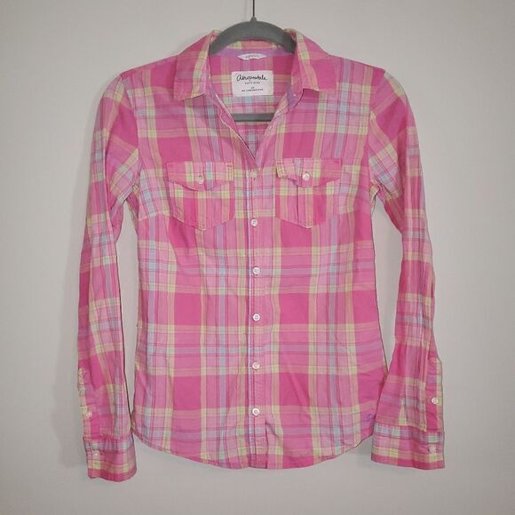 AEROPOSTALE Y2K PINK GREEN BLUE PLAID BUTTON DOWN SHIRT SIZE SMALL - Picture 1 of 5